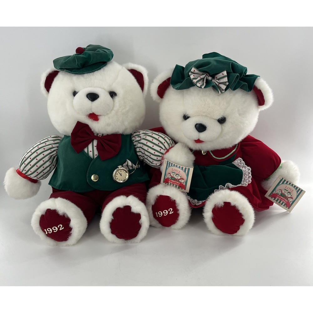 2 Vintage 1992 Kmart Christmas Teddy Bear‎ Plush Stuffed Animal Girl Boy Tags